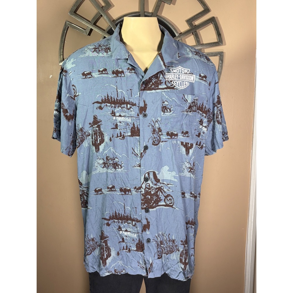 Harley-Davidson Mens XL Sturgis Scenic Print Rayon Short Sleeve Button Down